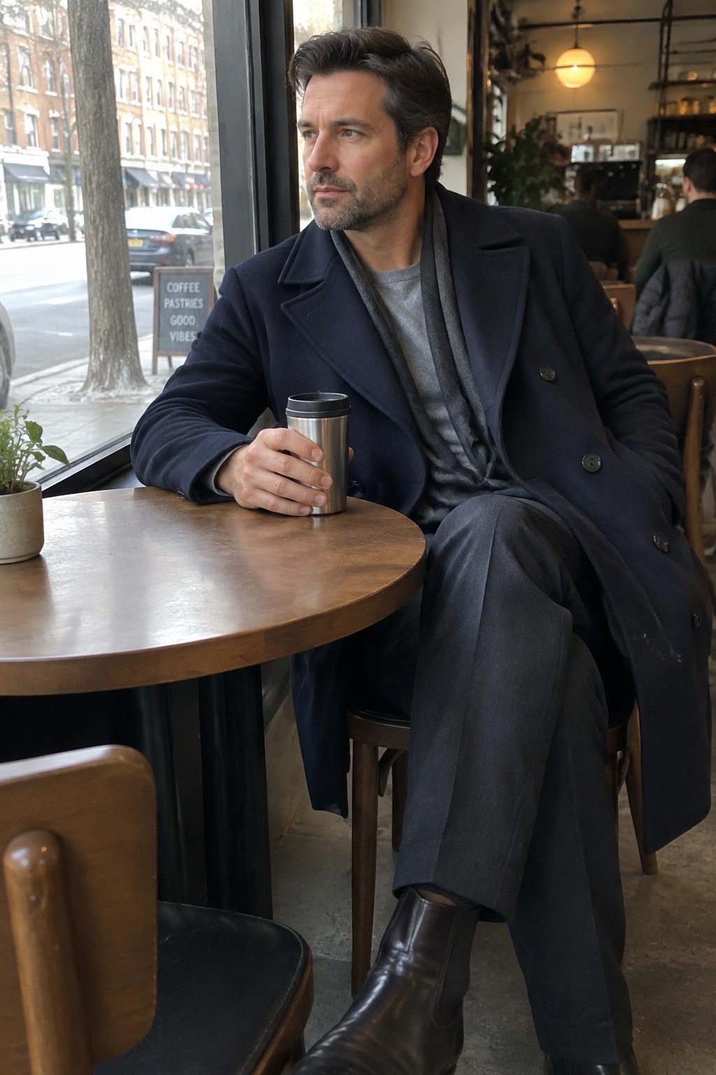 A man in a navy double-breasted overcoat, grey sweater, charcoal scarf, dark trousers, and brown ankle boots, holding a travel cup while seated.