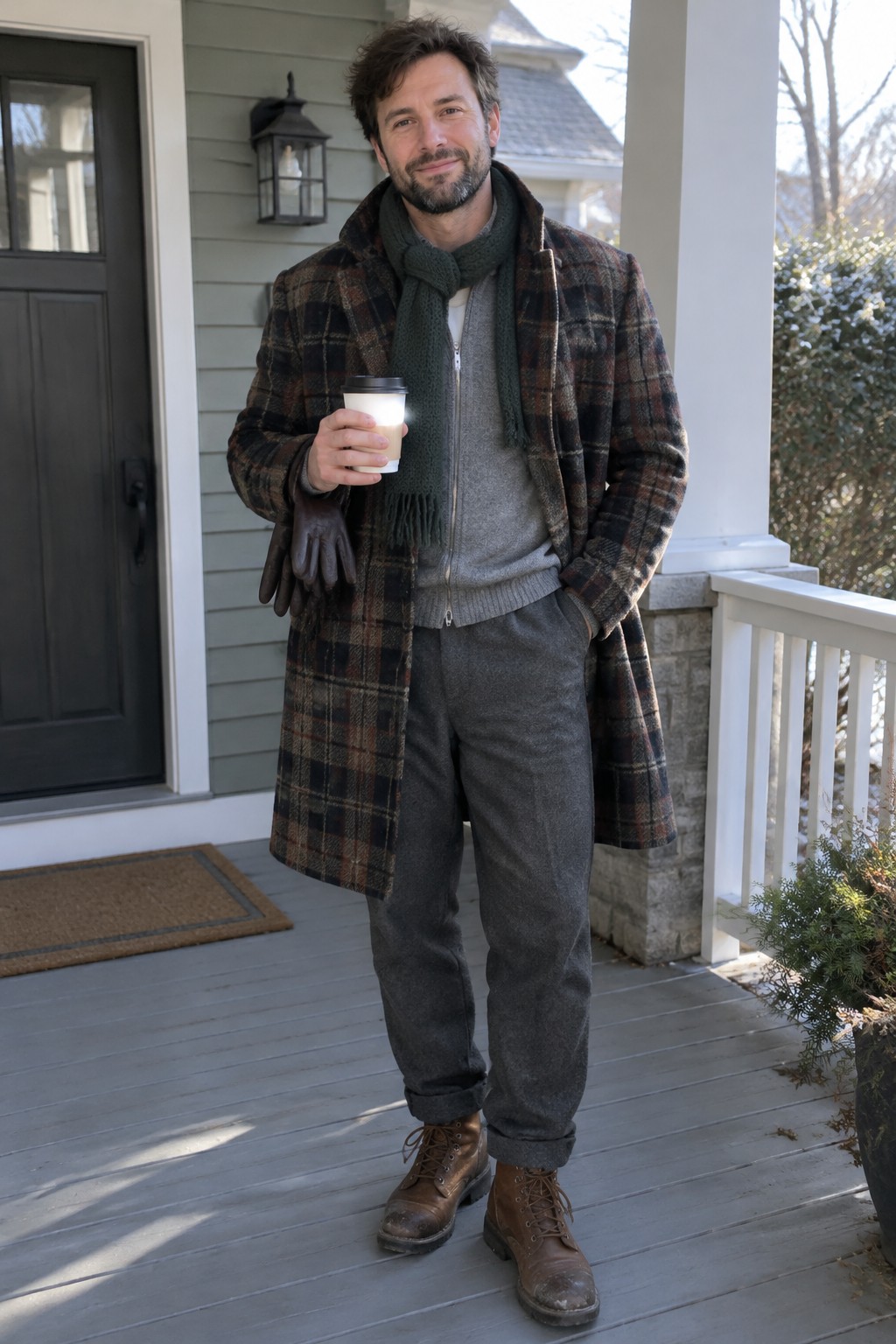 A man wearing a brown plaid overcoat, grey zip cardigan, dark green scarf, cuffed grey trousers, brown boots, and gloves while holding a takeaway cup.