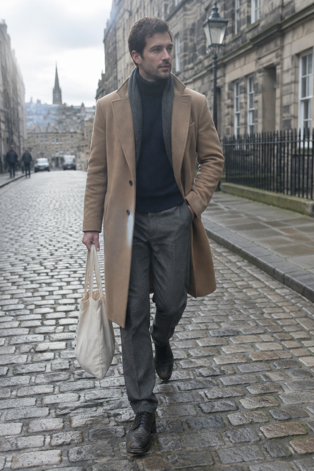 A man wears a camel overcoat over a navy turtleneck and gray scarf, with charcoal trousers, black lace-up boots, and a pale canvas tote.