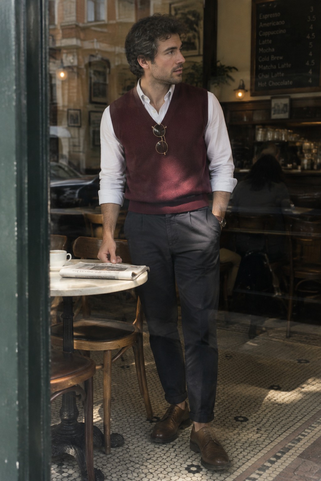 A man wearing a burgundy sweater vest over a white rolled-sleeve button-down shirt, charcoal trousers, and brown leather shoes.
