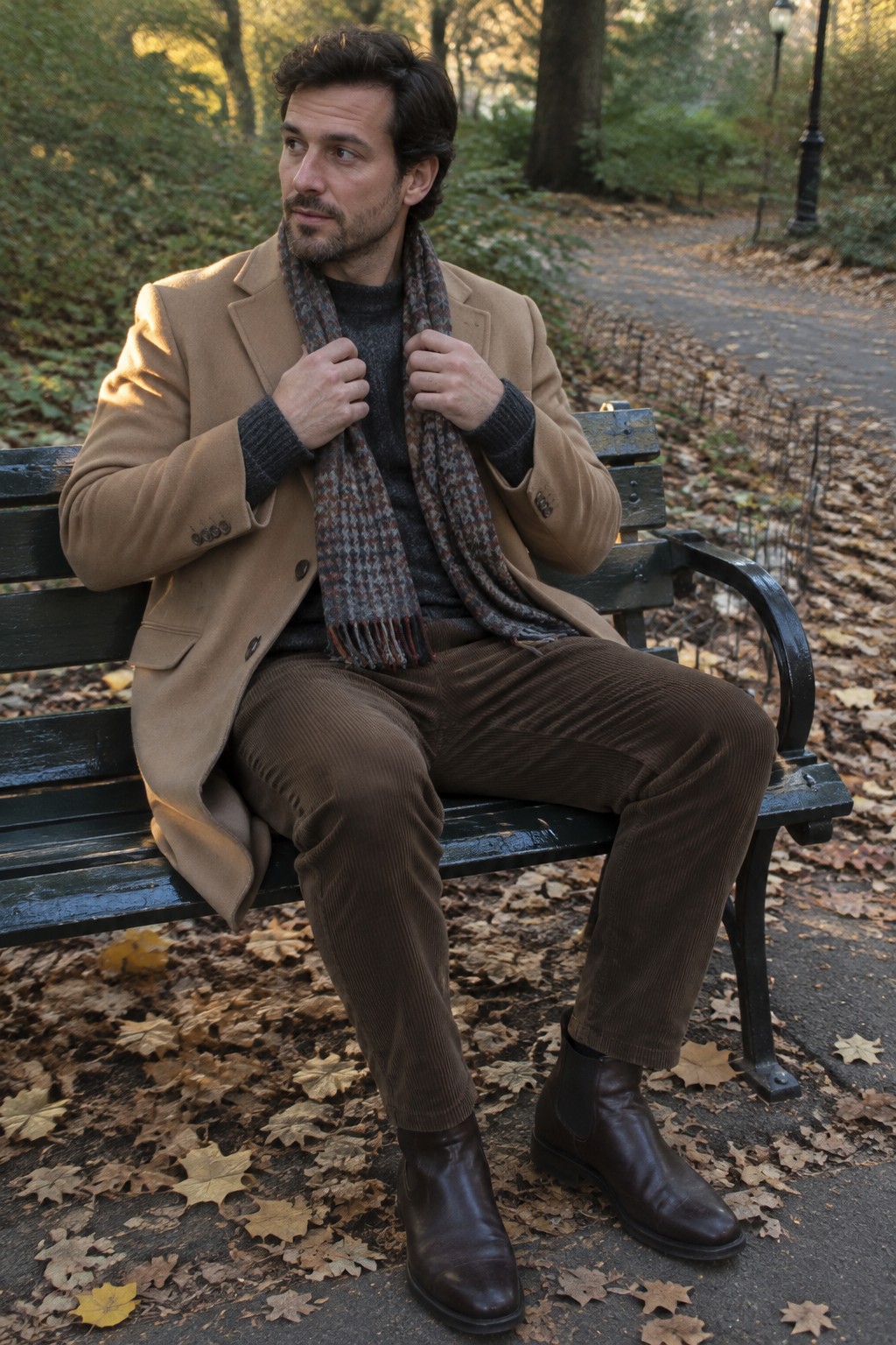 A man seated on a bench wears a camel blazer over a charcoal sweater, a patterned brown scarf, brown corduroy trousers, and dark leather boots.