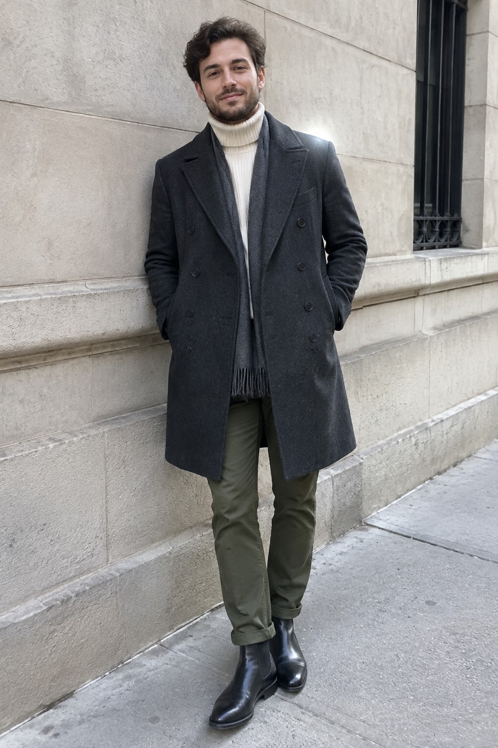 A man wearing a charcoal double-breasted coat over a cream ribbed roll-neck and scarf, olive cuffed trousers, and black Chelsea boots.