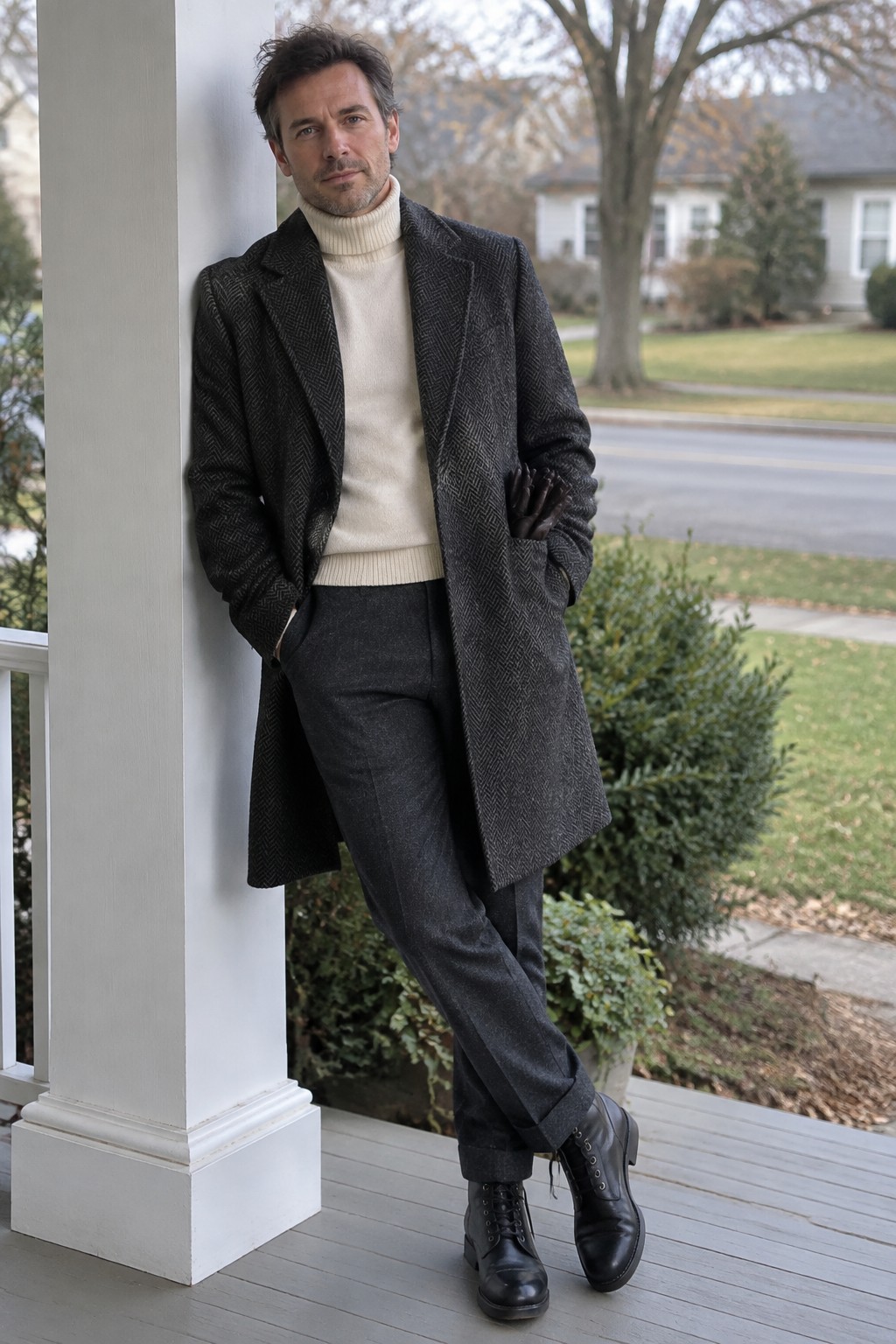 A man wearing a charcoal herringbone overcoat, cream ribbed turtleneck, dark gray trousers, black lace-up boots, and brown leather gloves.