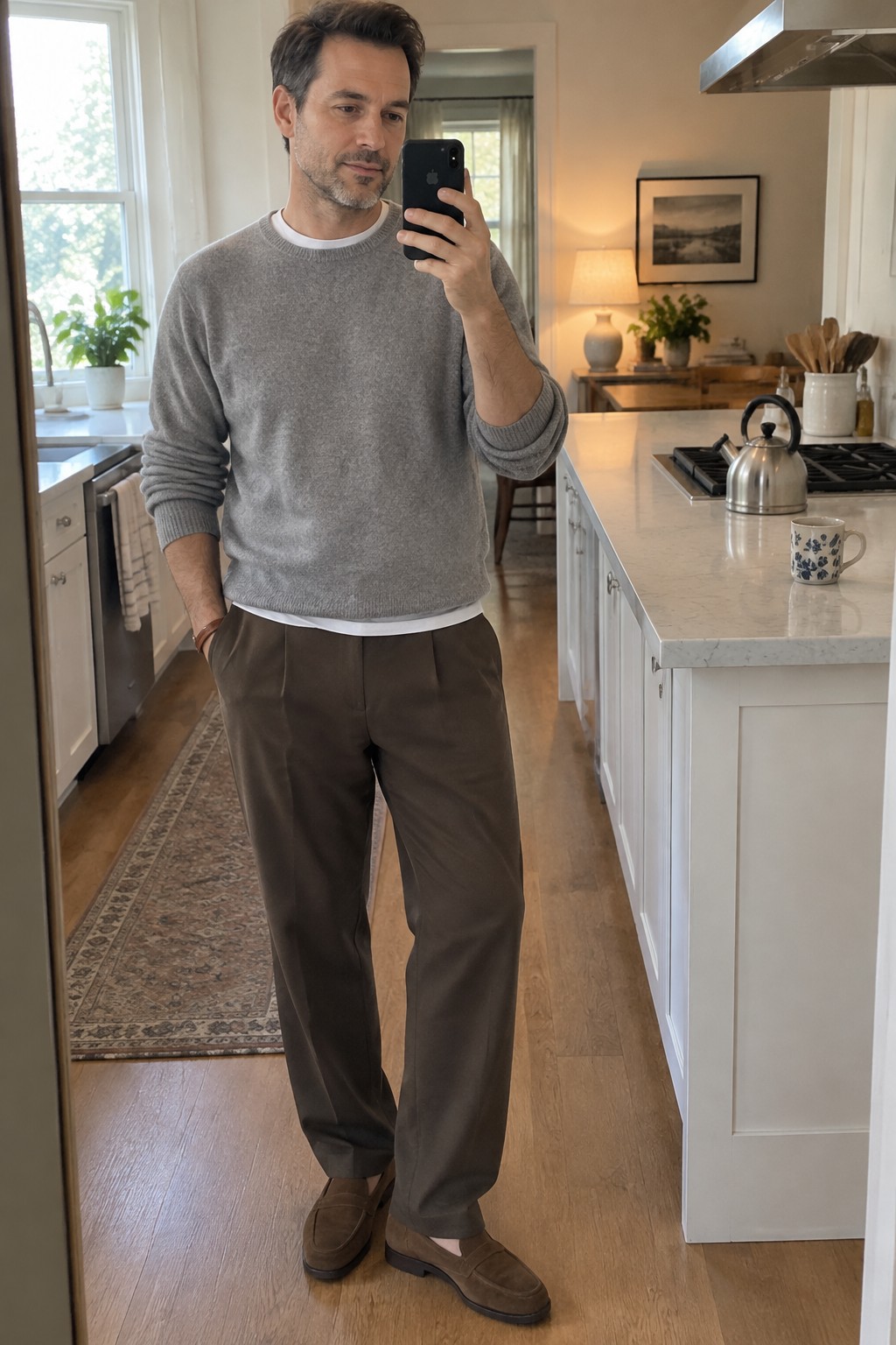 A man wearing a gray crewneck sweater over a white T-shirt, relaxed dark brown trousers, and brown suede loafers.