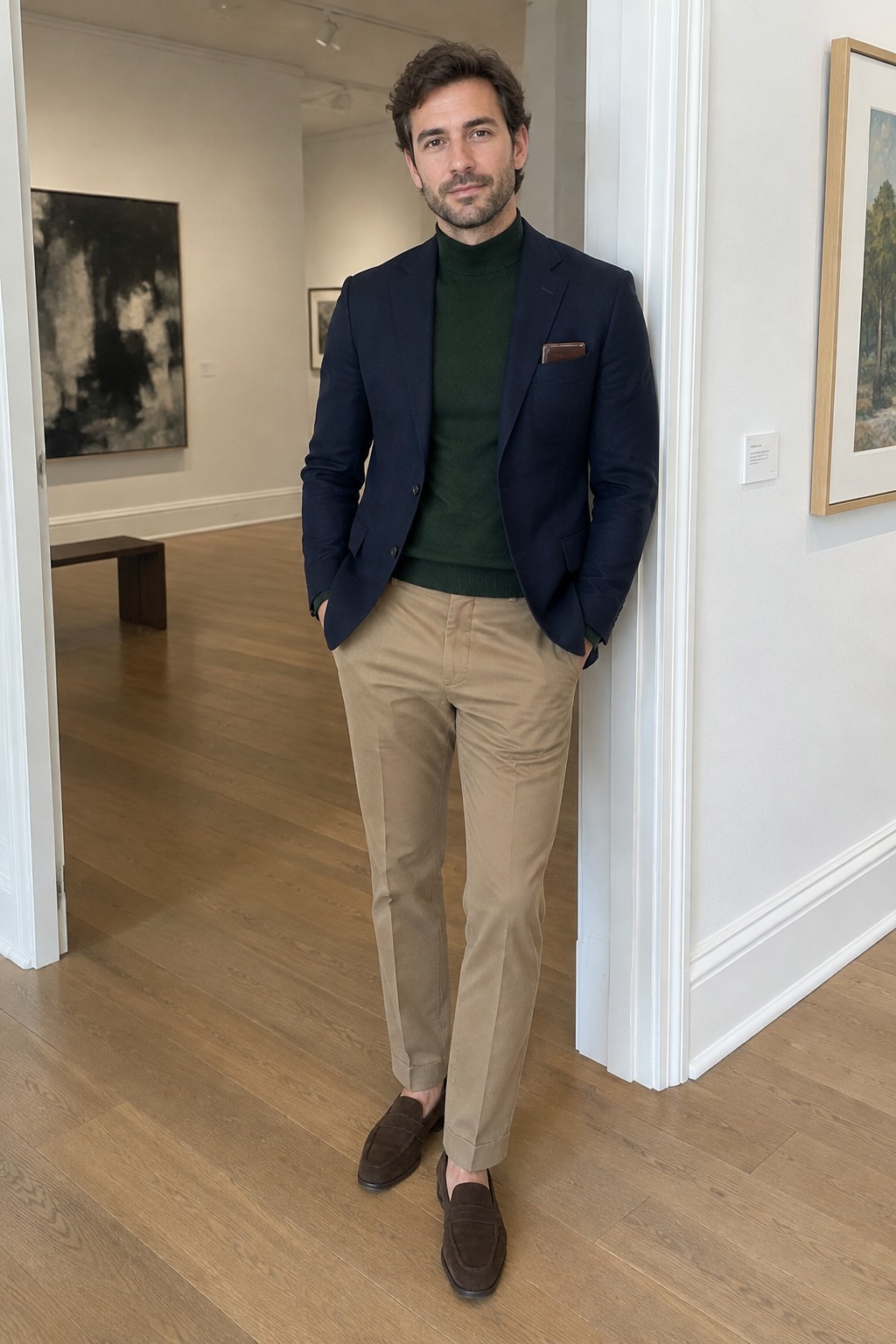 A man wearing a navy blazer over a forest green turtleneck with beige chinos, brown suede loafers, and a brown pocket square.