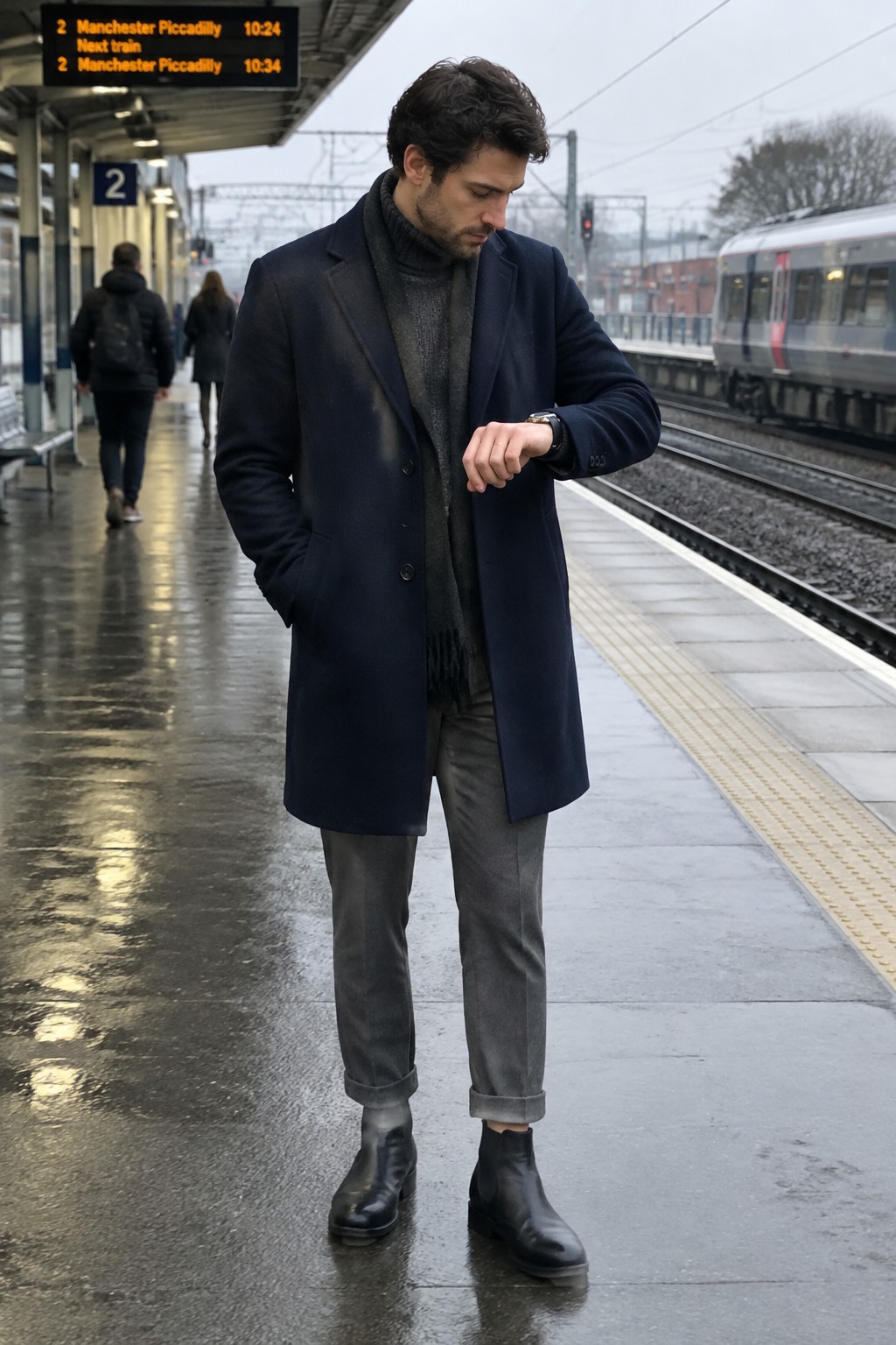 A man in a navy overcoat, charcoal roll-neck sweater, cuffed gray trousers, and black Chelsea boots checks his watch on a train platform.