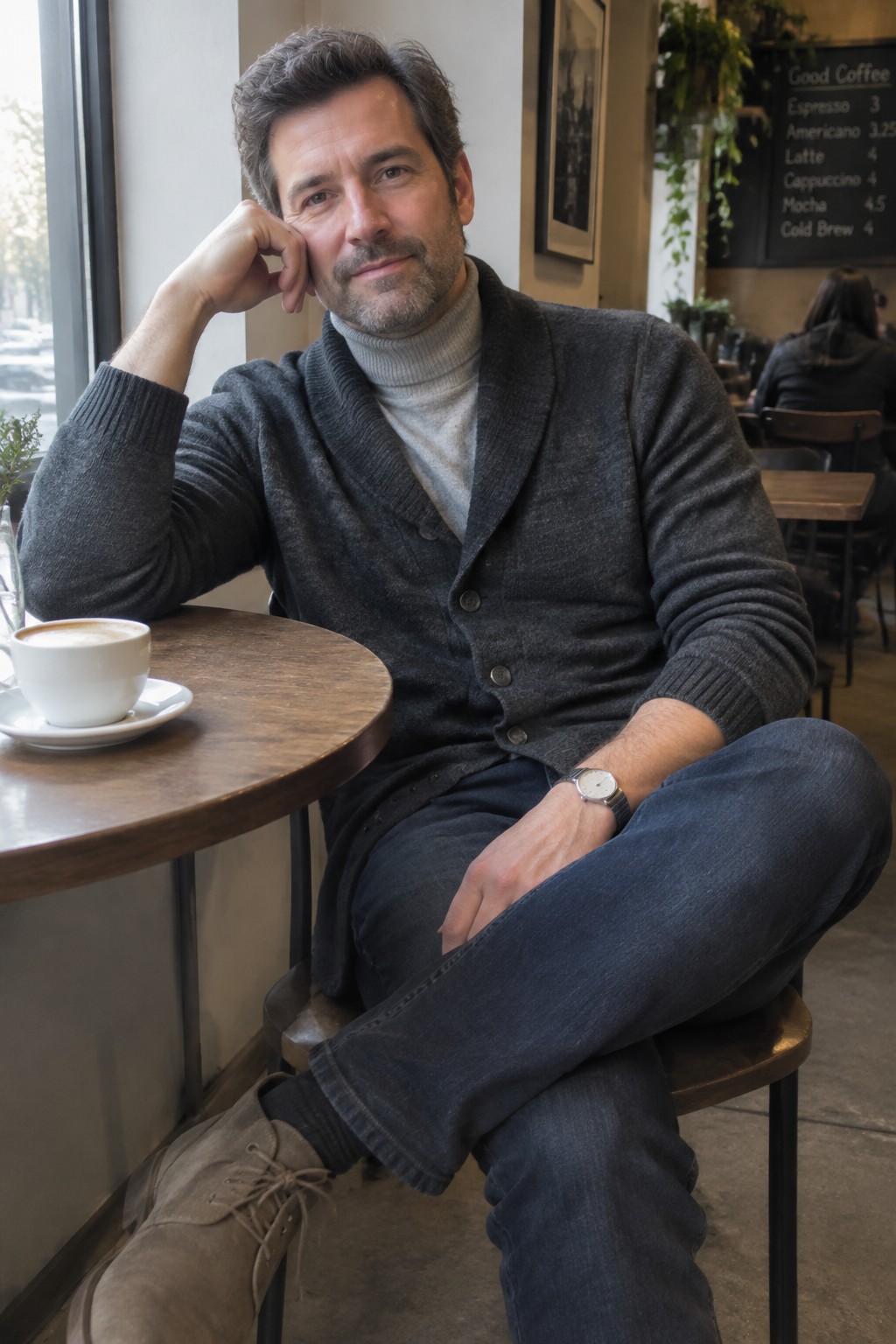 A man wearing a charcoal shawl-collar cardigan over a light gray turtleneck, dark jeans, and brown suede lace-up boots.