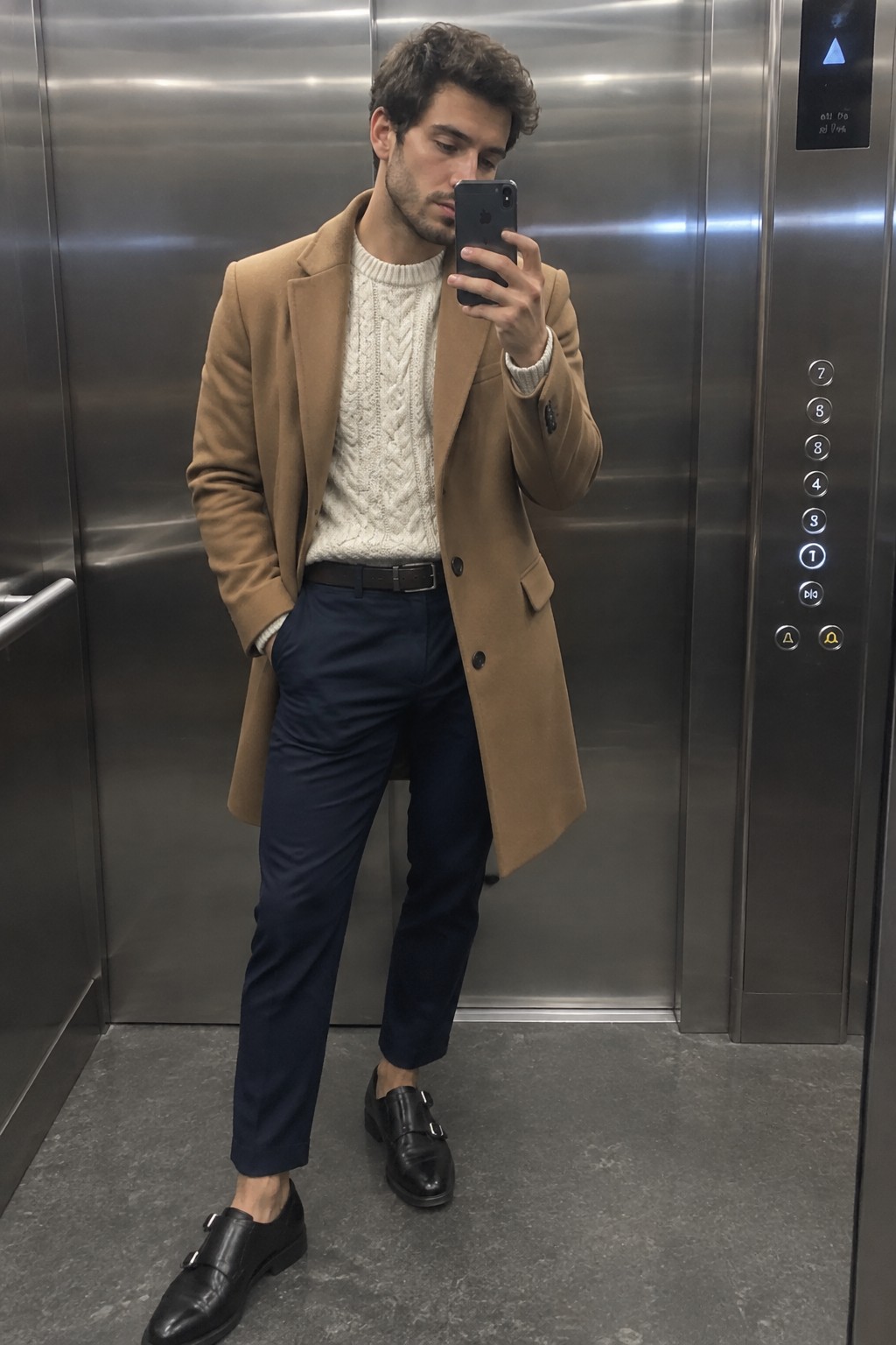 Man wearing a camel overcoat over a cream cable-knit sweater, navy trousers, a dark belt, and black double-monk shoes.