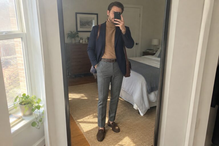 22 Versatile Old Money Fall-to-Winter Outfits for Men Featuring Layered Knitwear A man wearing a camel turtleneck, navy blazer, gray cuffed trousers, brown belt, brown suede loafers, and a brown leather shoulder bag.