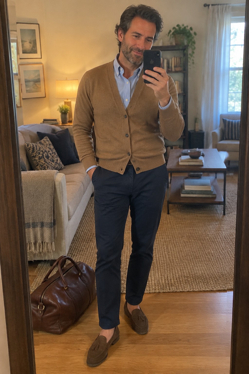 Man wearing a camel-brown cardigan over a light blue Oxford shirt with navy trousers and brown suede loafers.