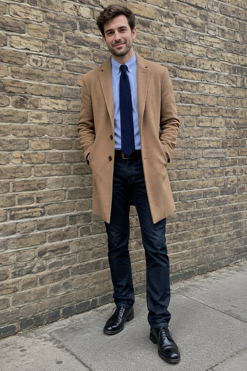 A man wears a camel overcoat over a light blue Oxford shirt and navy tie, paired with dark jeans, a black belt, and black leather lace-up shoes.