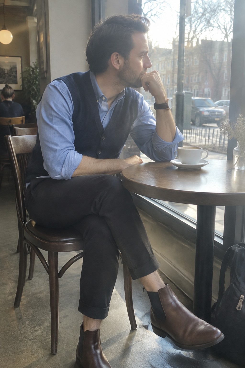 A man wearing a light blue Oxford shirt, navy waistcoat, cuffed charcoal trousers, and brown Chelsea boots, seated at a café table.