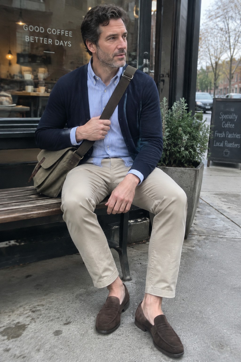 A man wearing a blue striped Oxford shirt, navy cardigan, beige chinos, brown suede loafers, and an olive messenger bag.