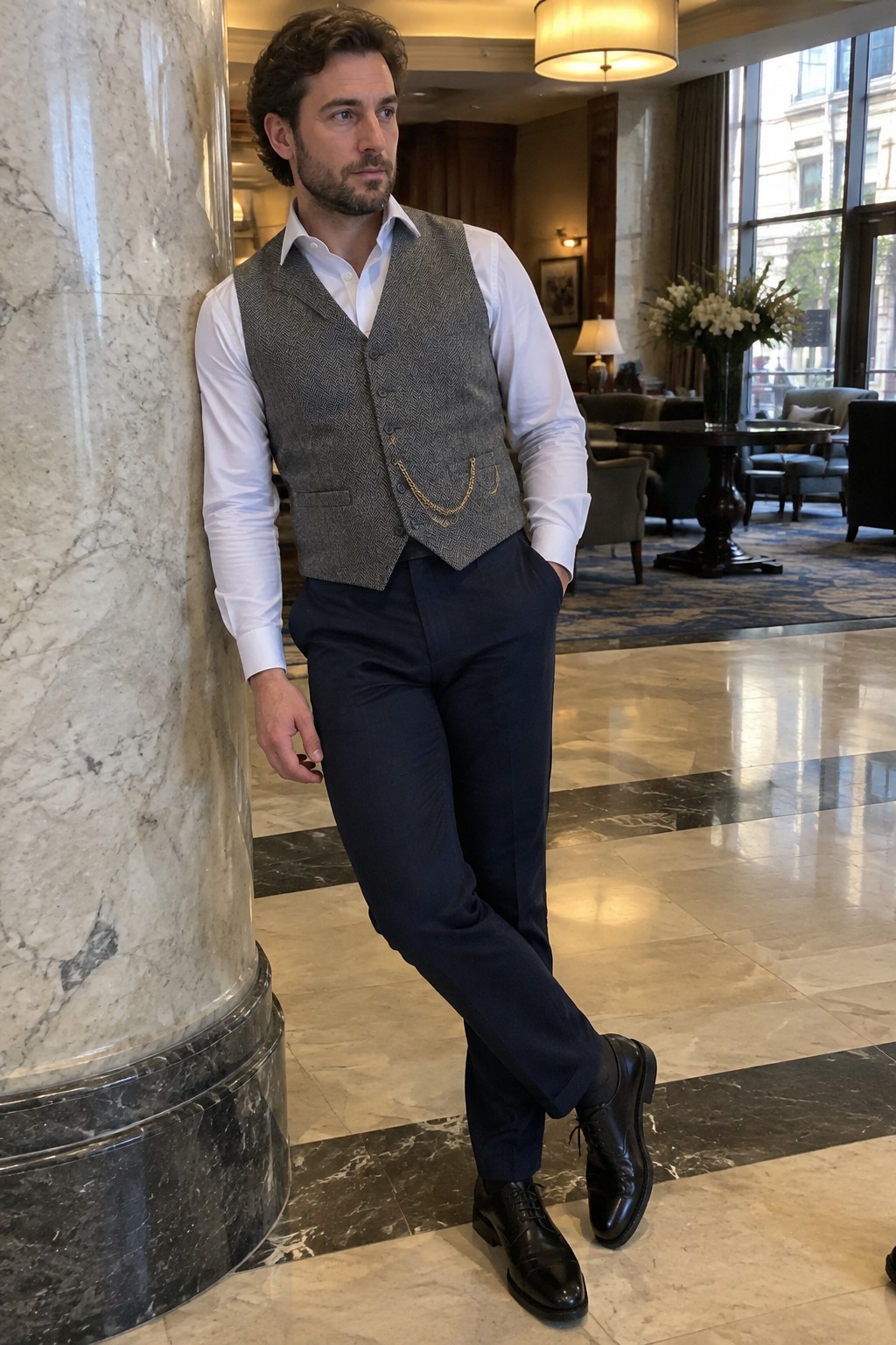 A man wearing a white shirt, gray herringbone waistcoat with a gold chain, navy trousers, and black leather lace-up shoes.