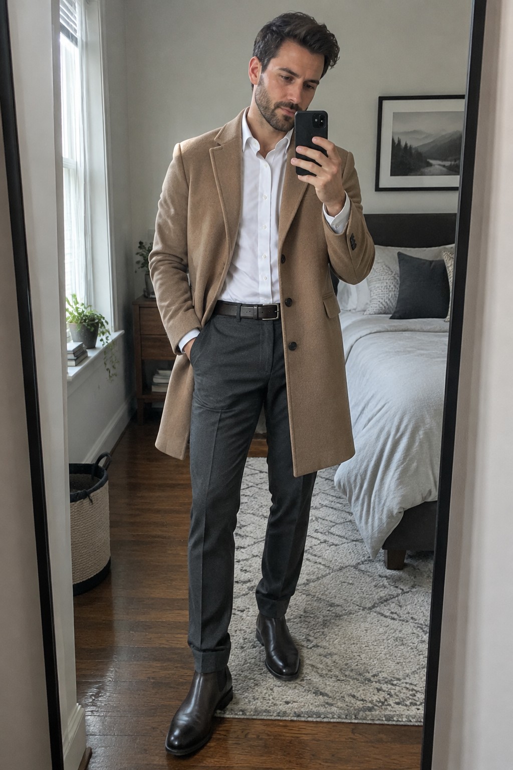 A man wearing a camel overcoat over a white button-down shirt, charcoal cuffed trousers, a dark leather belt, and black Chelsea boots.