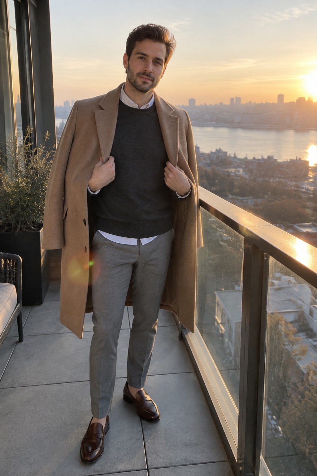 Man wearing a camel overcoat over a charcoal sweater and white shirt, with grey trousers and brown leather loafers.