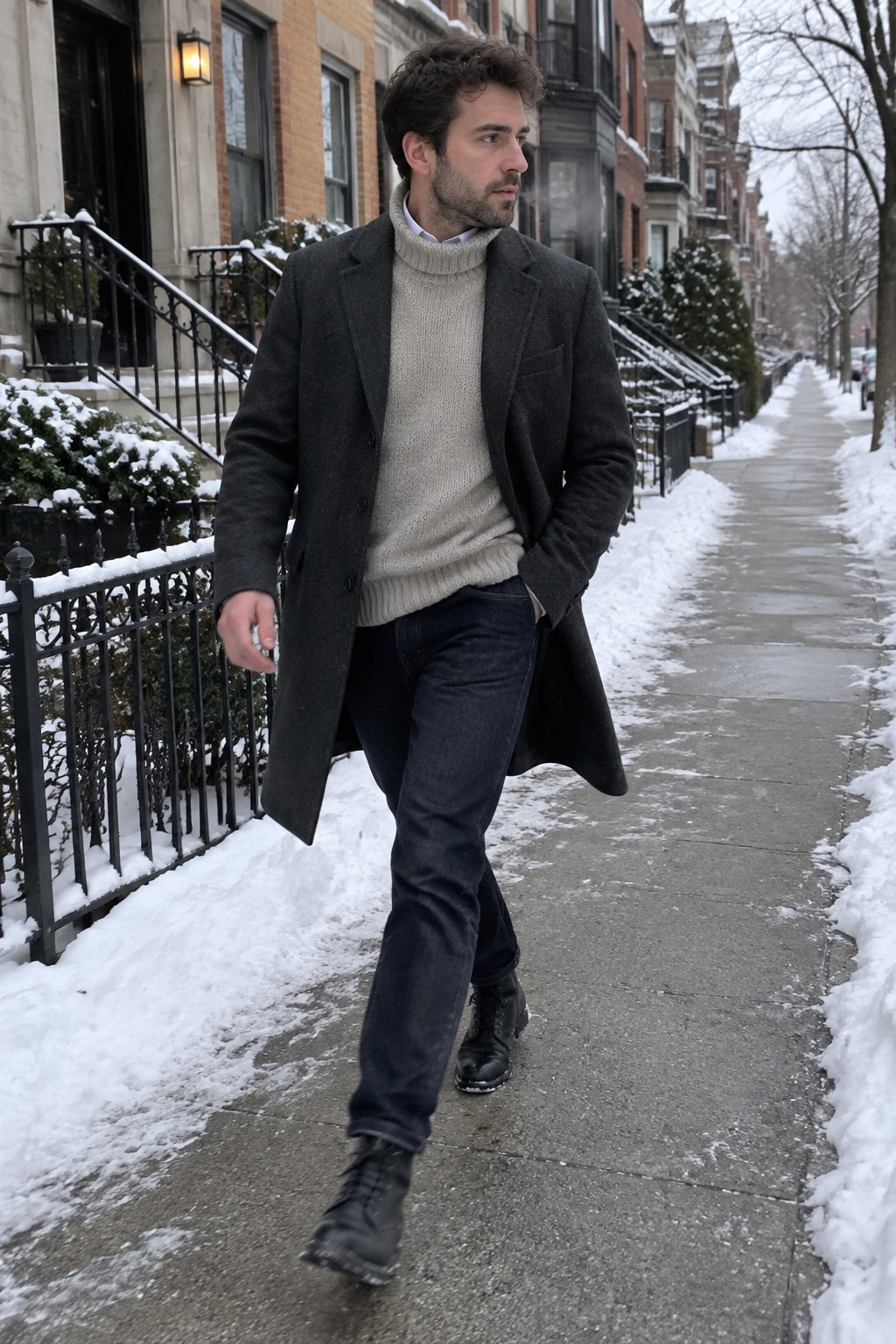 A man wearing a charcoal overcoat over a cream cable-knit turtleneck and white shirt, with dark jeans and black lace-up boots.