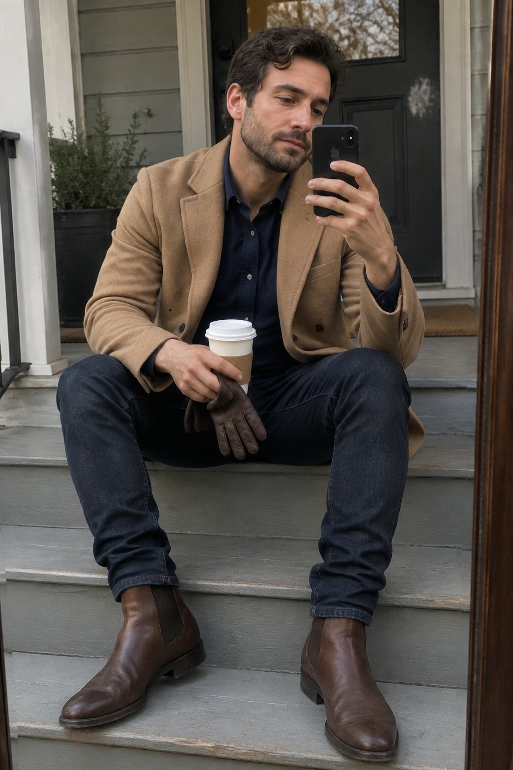 Man wearing a camel blazer over a navy shirt with dark jeans, brown leather Chelsea boots, and brown gloves.