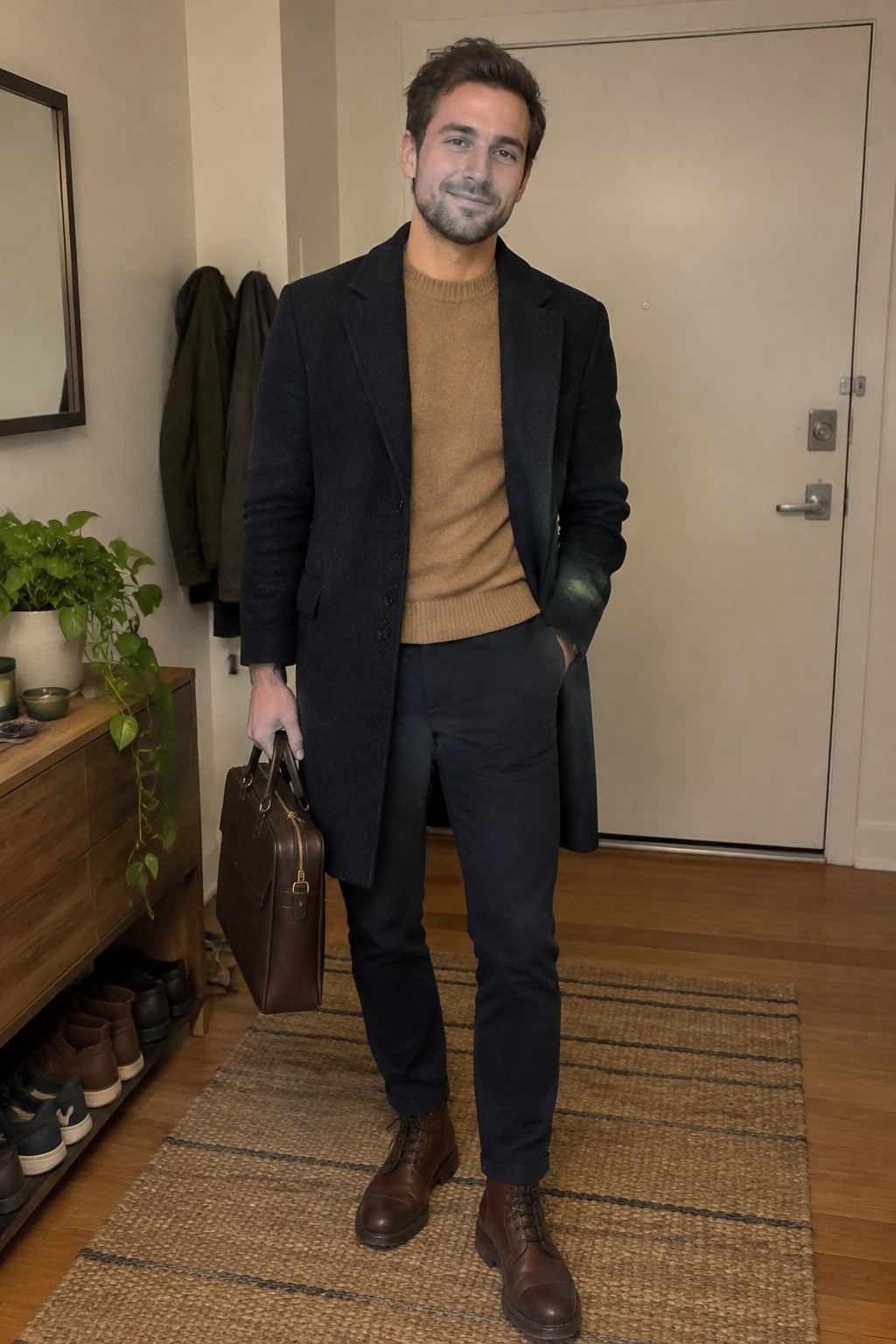 A man wears a camel ribbed sweater beneath a navy overcoat with navy trousers, brown lace-up boots, and a brown leather briefcase.