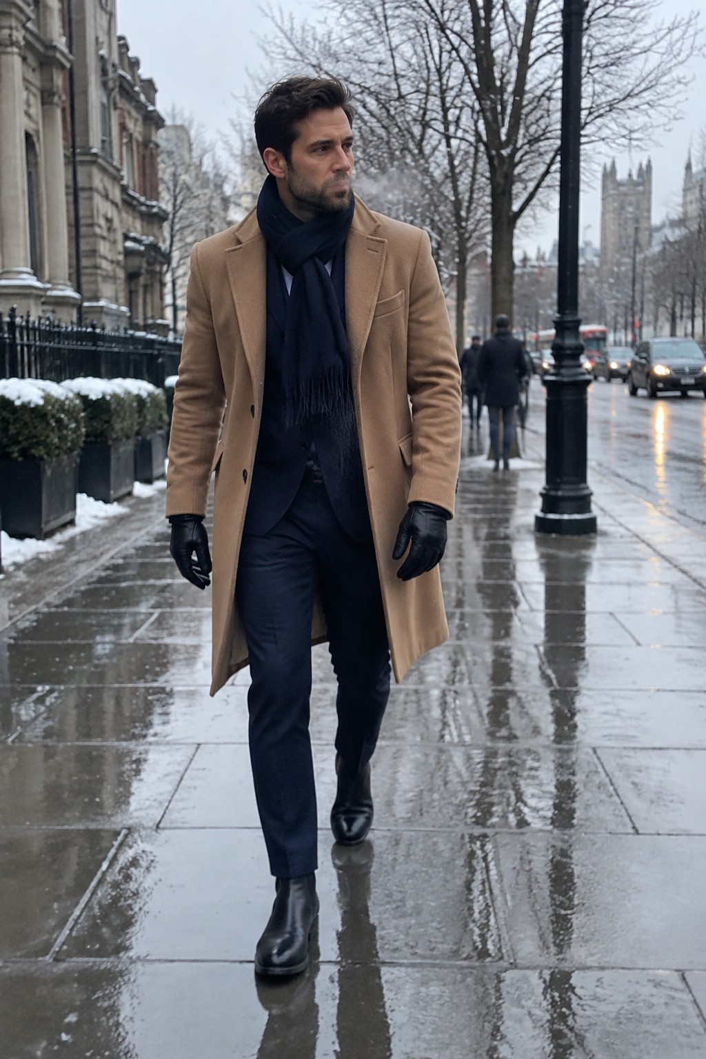 A man wearing a camel overcoat over a navy suit with a dark navy scarf, black leather gloves, and black boots.