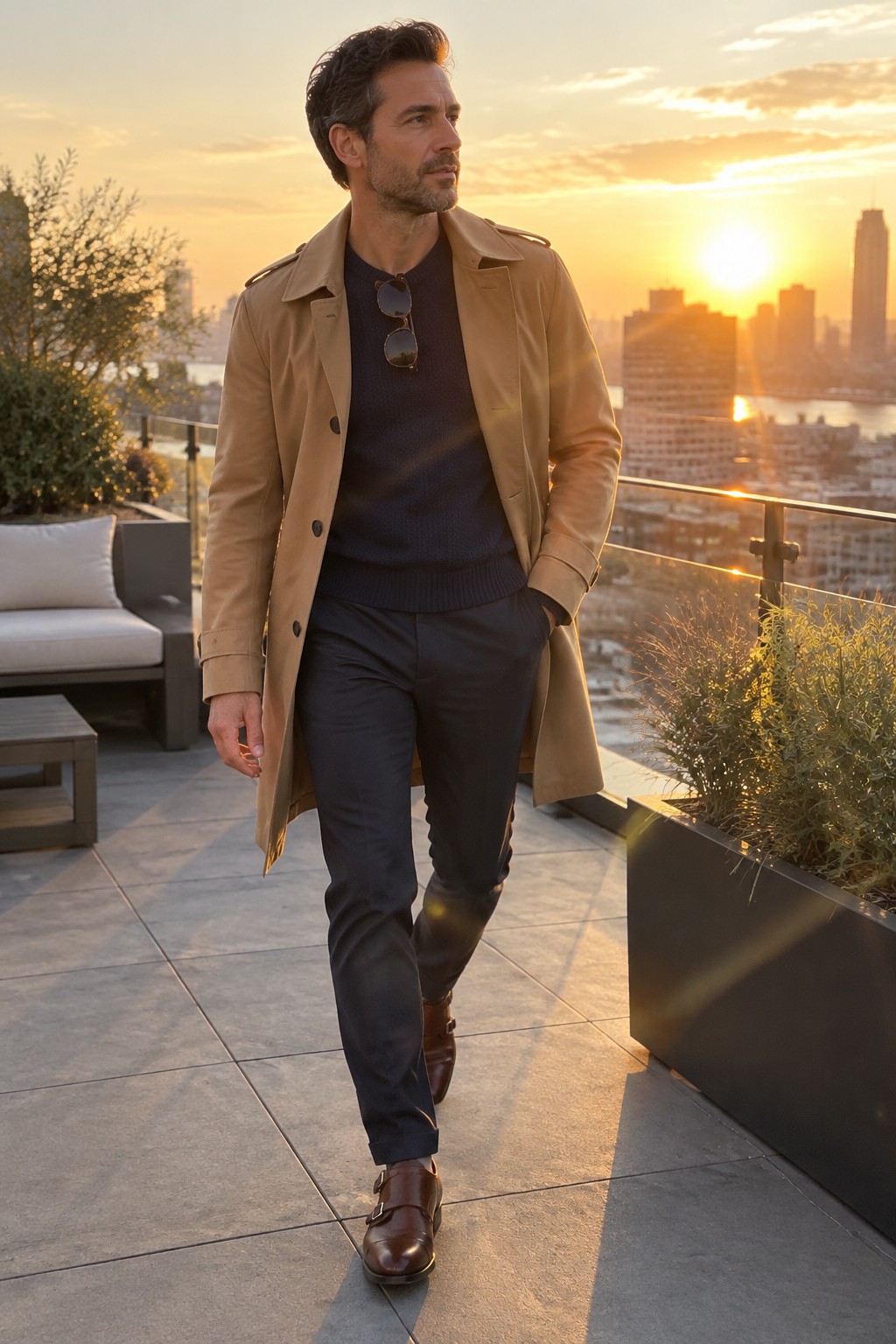 A man wears a camel trench coat over a navy sweater and tailored navy trousers, with brown double-monk shoes and sunglasses tucked at his neckline.
