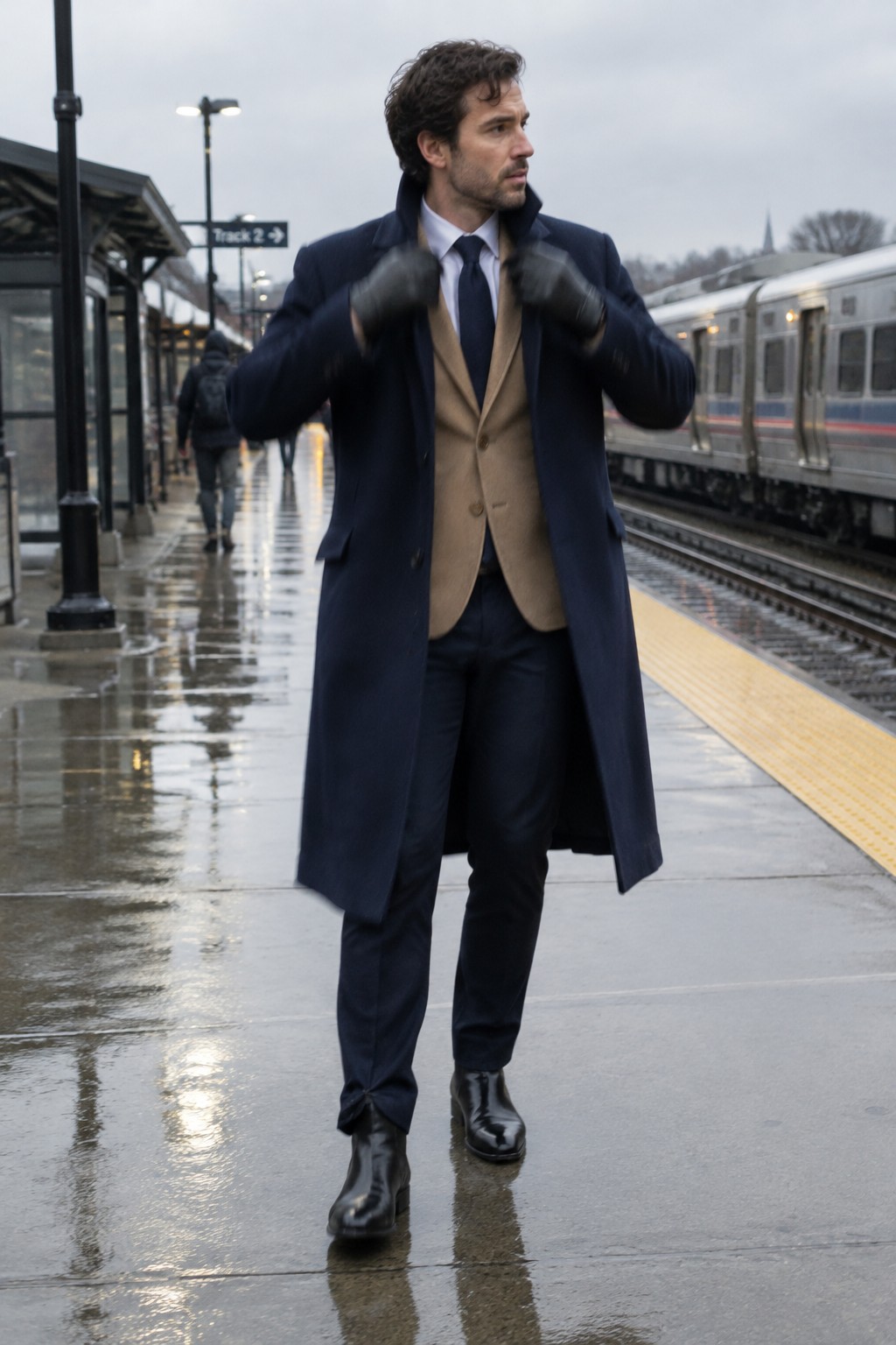 A man wearing a long navy overcoat over a camel waistcoat, navy suit, white shirt, navy tie, black gloves, and black leather ankle boots.