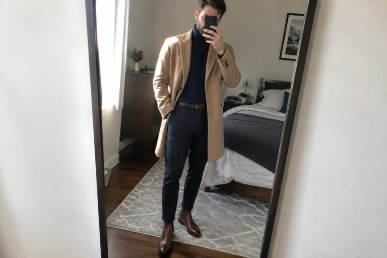 A man wears a camel overcoat over a navy ribbed turtleneck and navy trousers, finished with a brown leather belt and brown Chelsea boots.