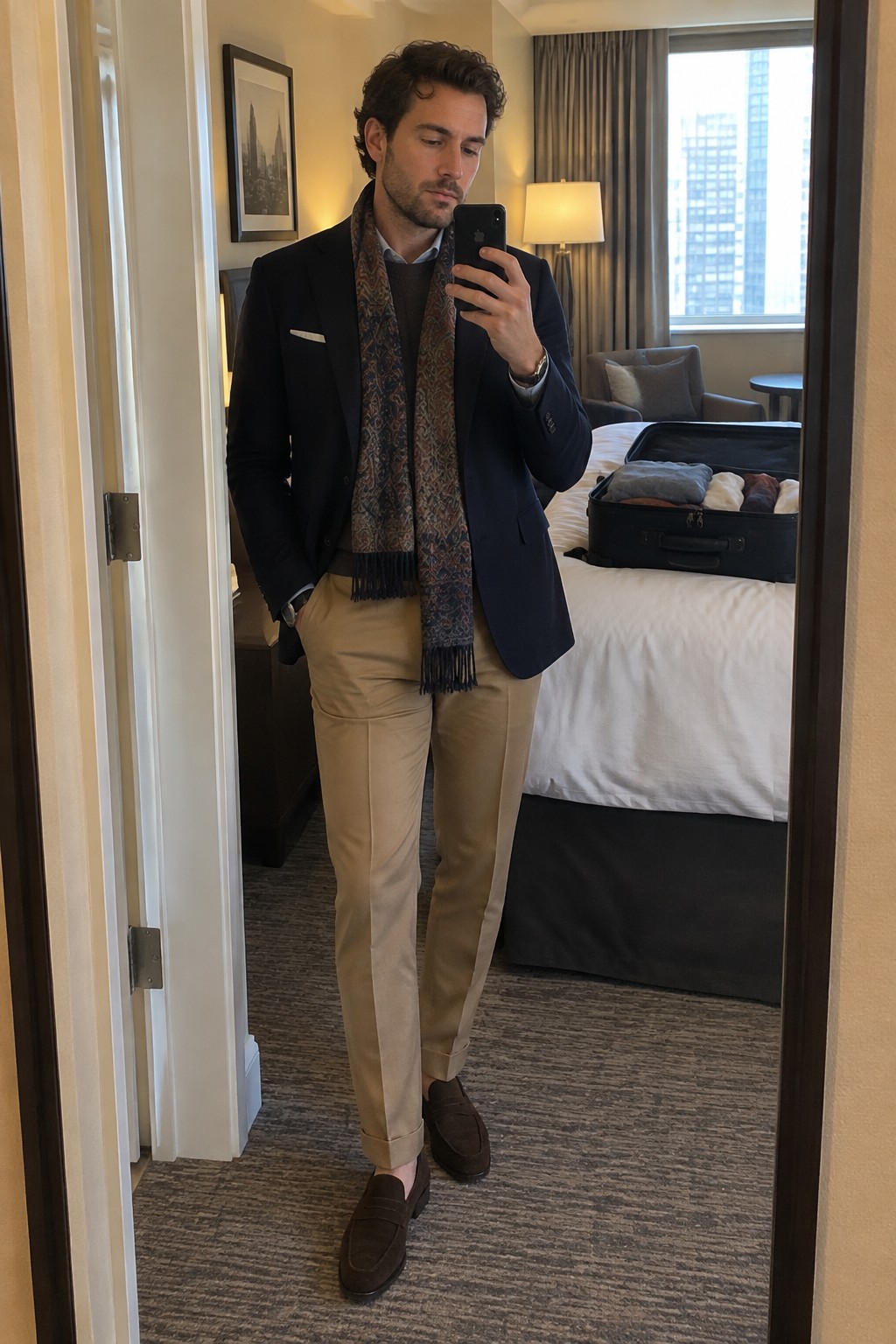 A man wearing a navy blazer over a charcoal-brown sweater and pale blue shirt, with a patterned brown and navy scarf, camel chinos, and dark brown suede loafers.