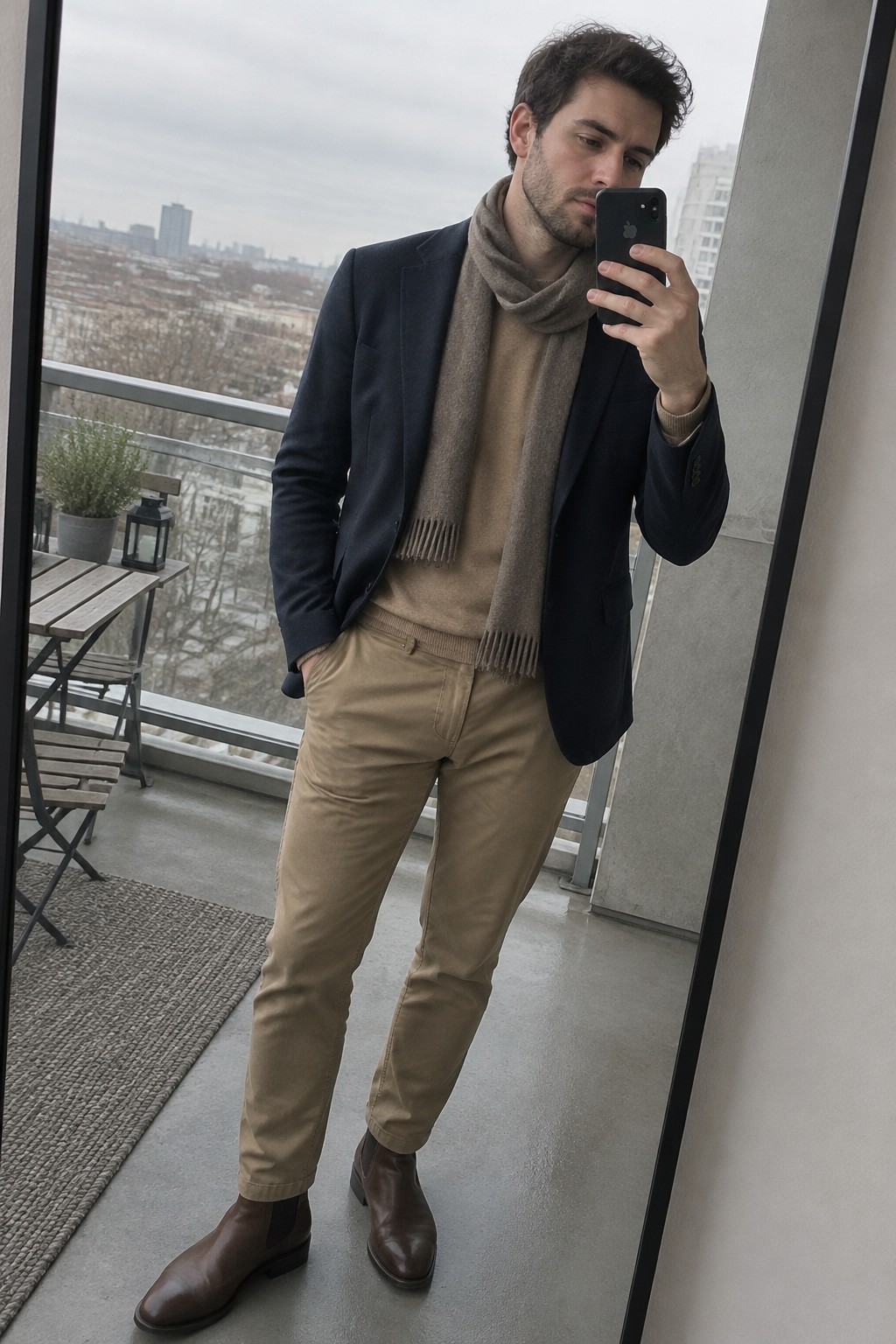 Man wearing a navy blazer over a camel sweater and taupe scarf, with beige chinos and brown Chelsea boots.