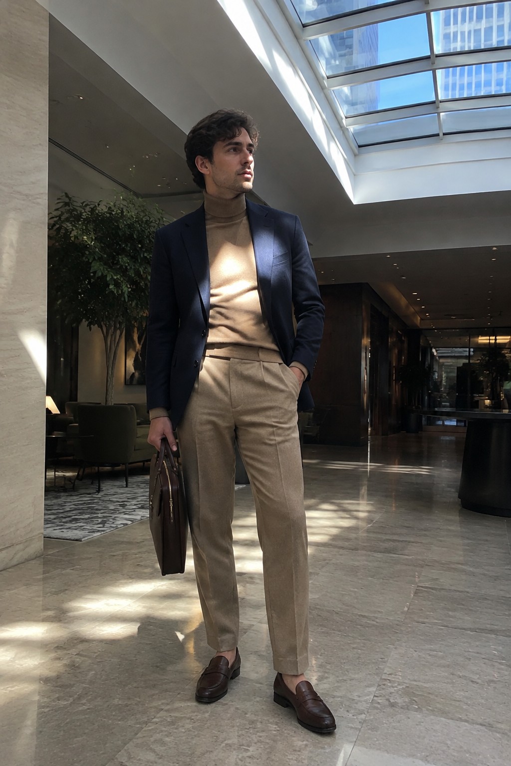 A man wearing a navy blazer, camel turtleneck, beige pleated trousers, dark brown loafers, and carrying a brown leather briefcase.