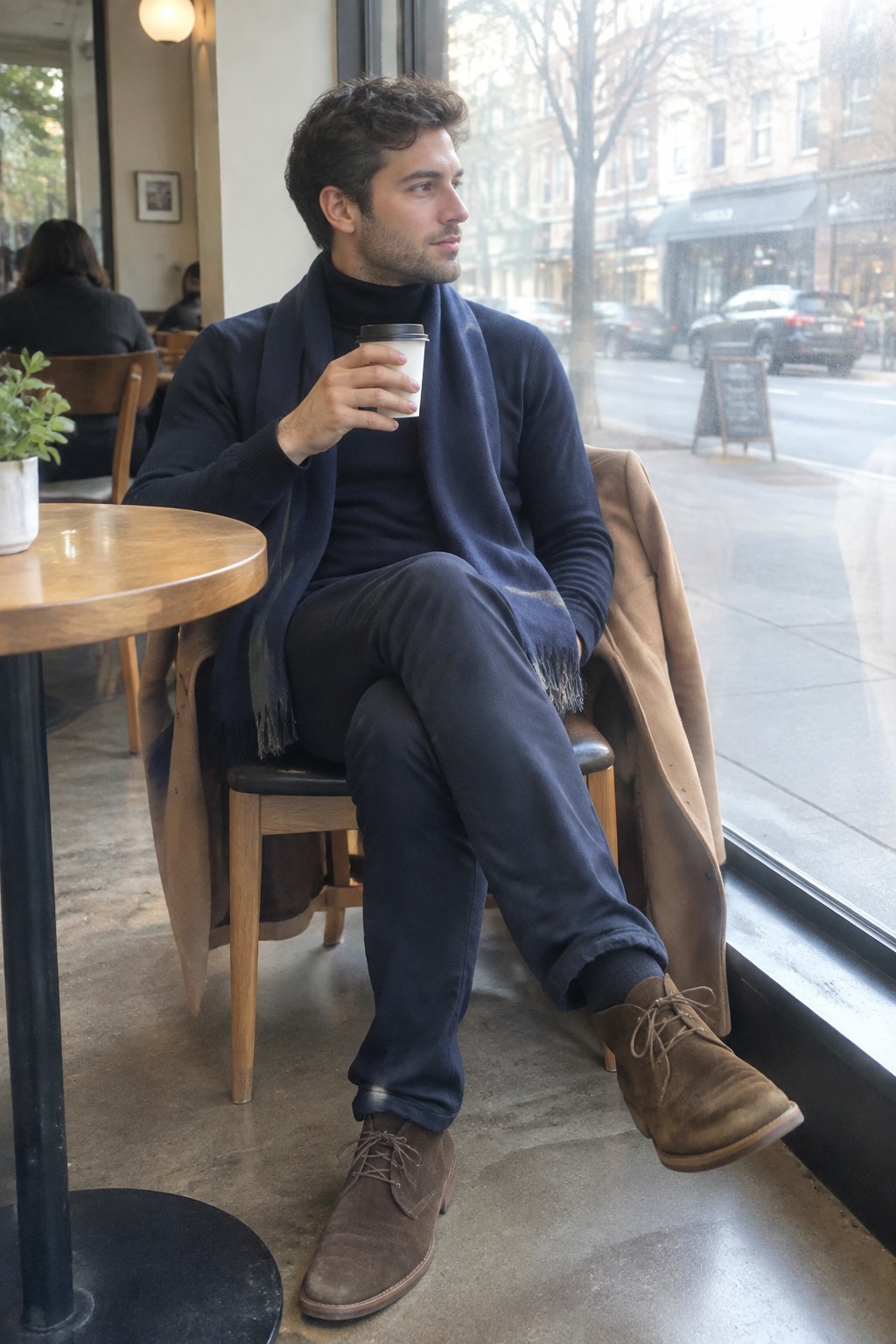 A man in a navy sweater, scarf, and trousers sits in a café holding a takeaway cup, with a camel coat draped over his chair and brown suede lace-up boots.