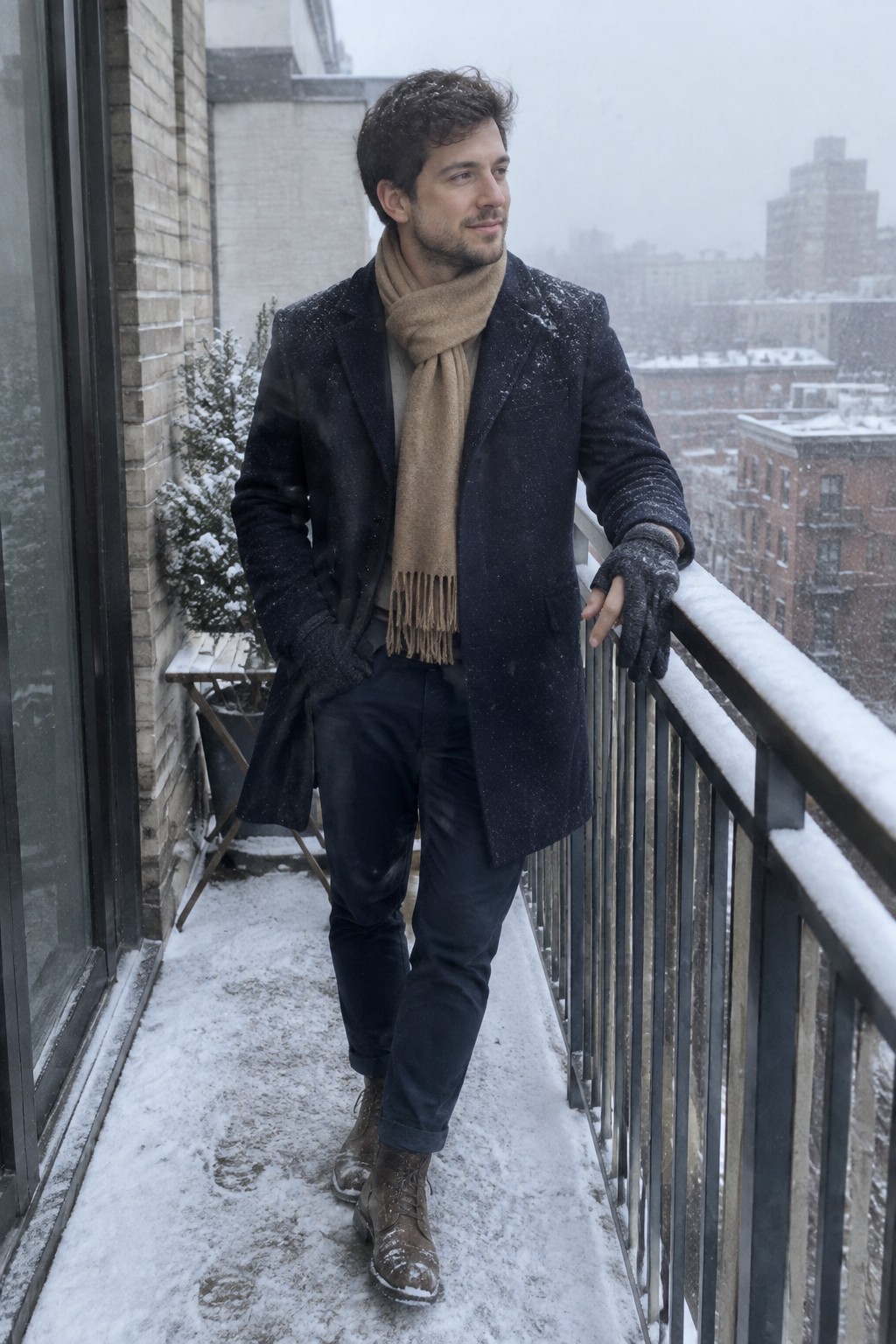 Man wearing a navy overcoat, camel scarf, charcoal sweater, dark trousers, gray fingerless gloves, and brown lace-up boots.