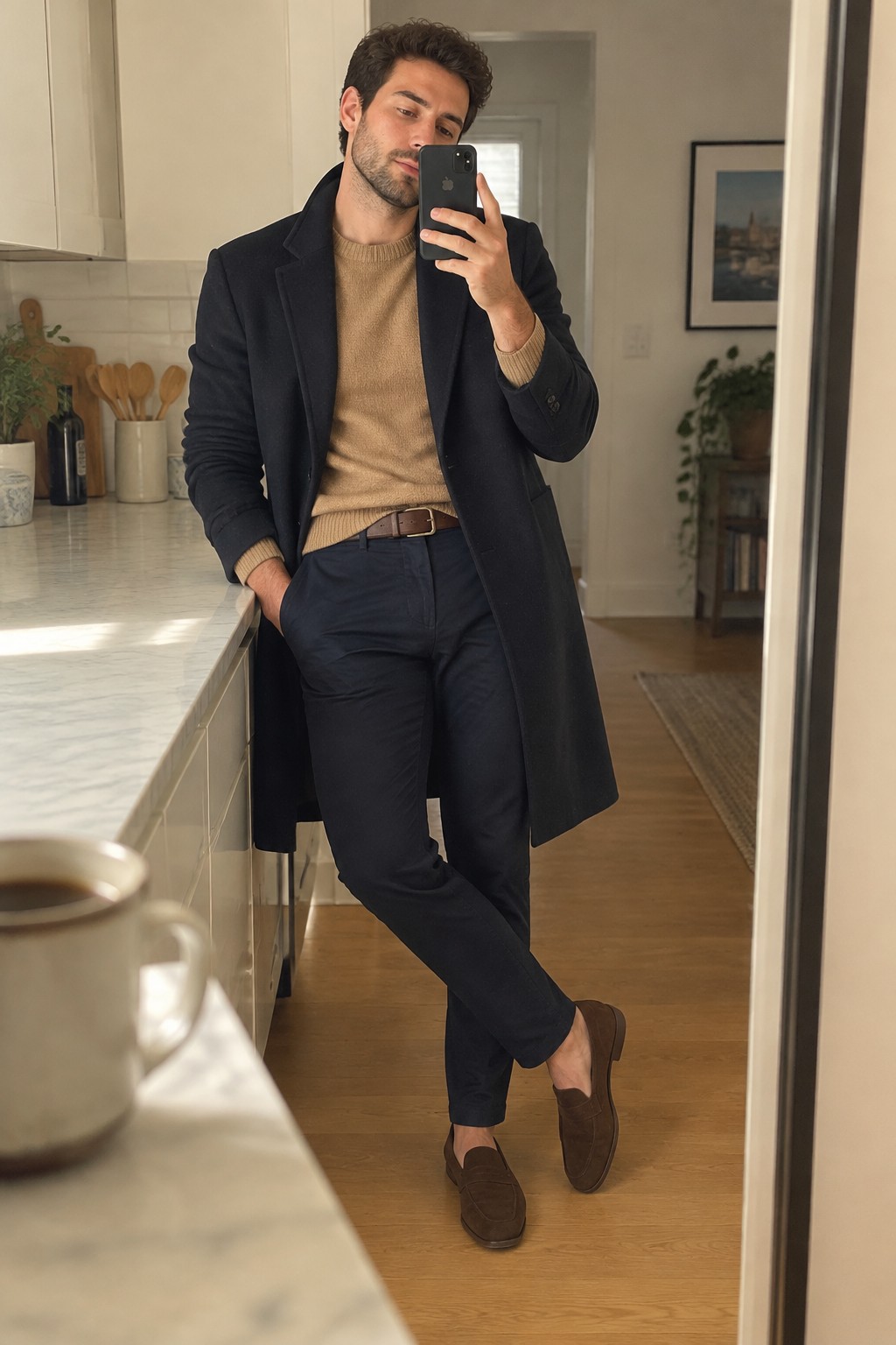 A man wearing a long navy overcoat over a camel crewneck sweater, navy trousers, a brown belt, and brown suede loafers.