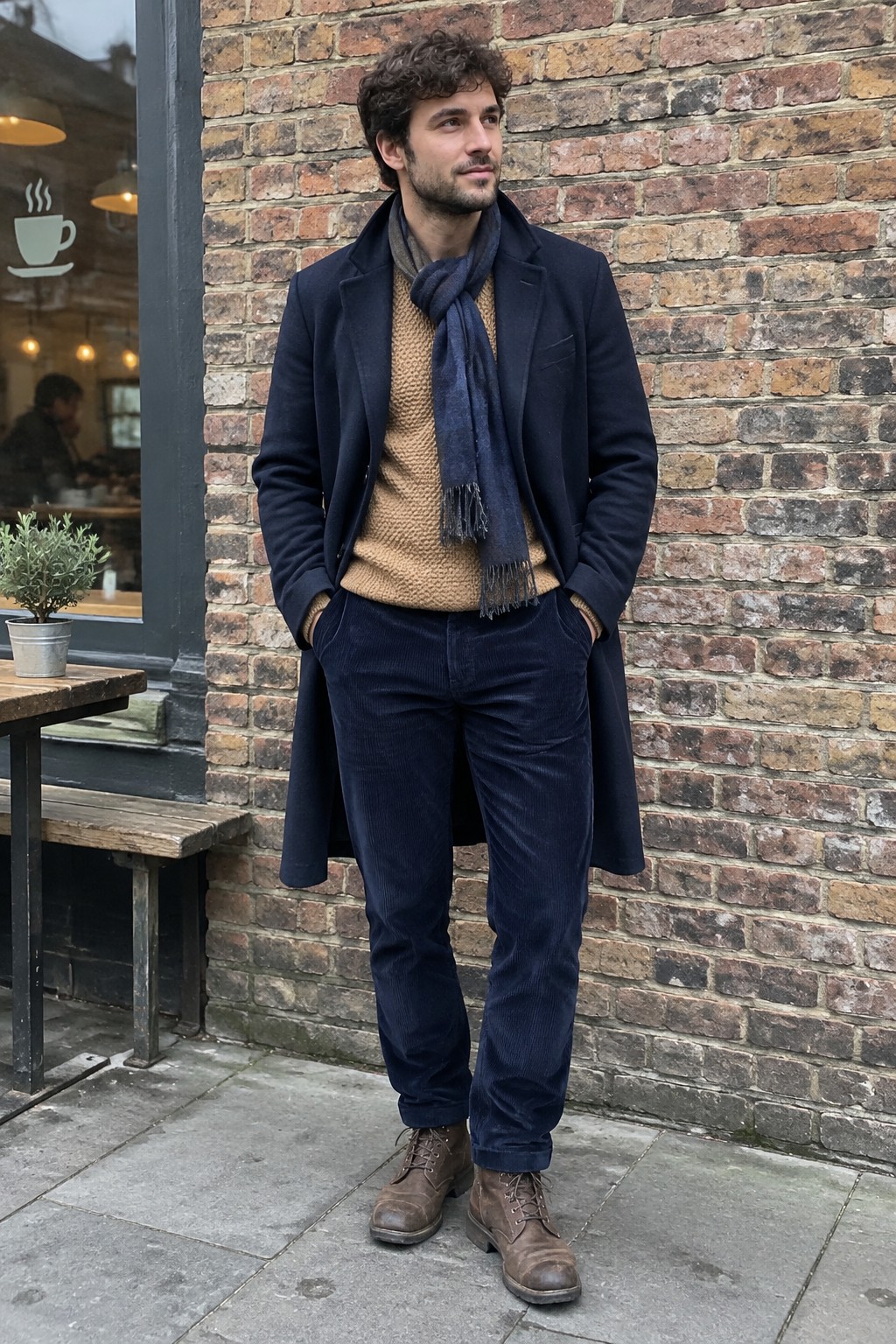 Man wearing a navy overcoat, camel knit sweater, navy scarf and corduroy trousers, with brown lace-up boots.