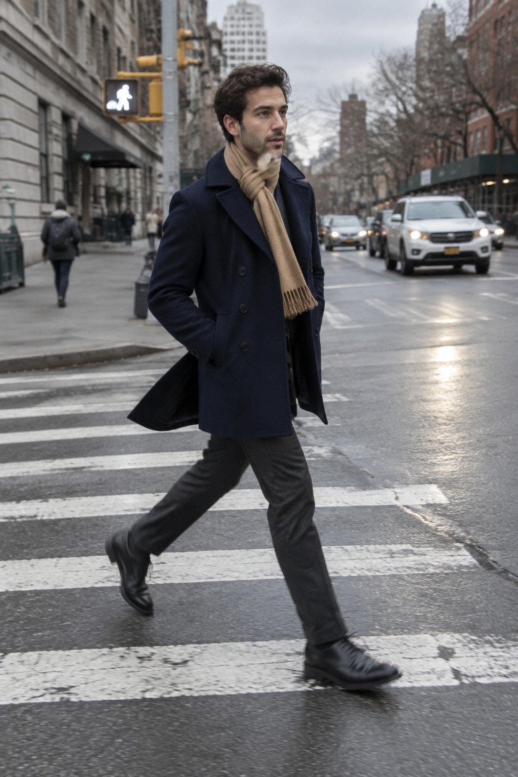 A man wearing a navy double-breasted peacoat, camel scarf, charcoal trousers, and black leather shoes while crossing a city street.