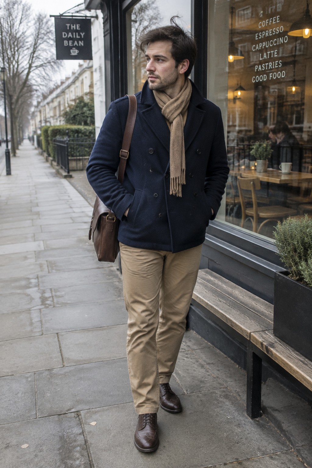 A man wears a navy double-breasted peacoat, camel scarf and trousers, and brown leather brogues with a matching shoulder bag.