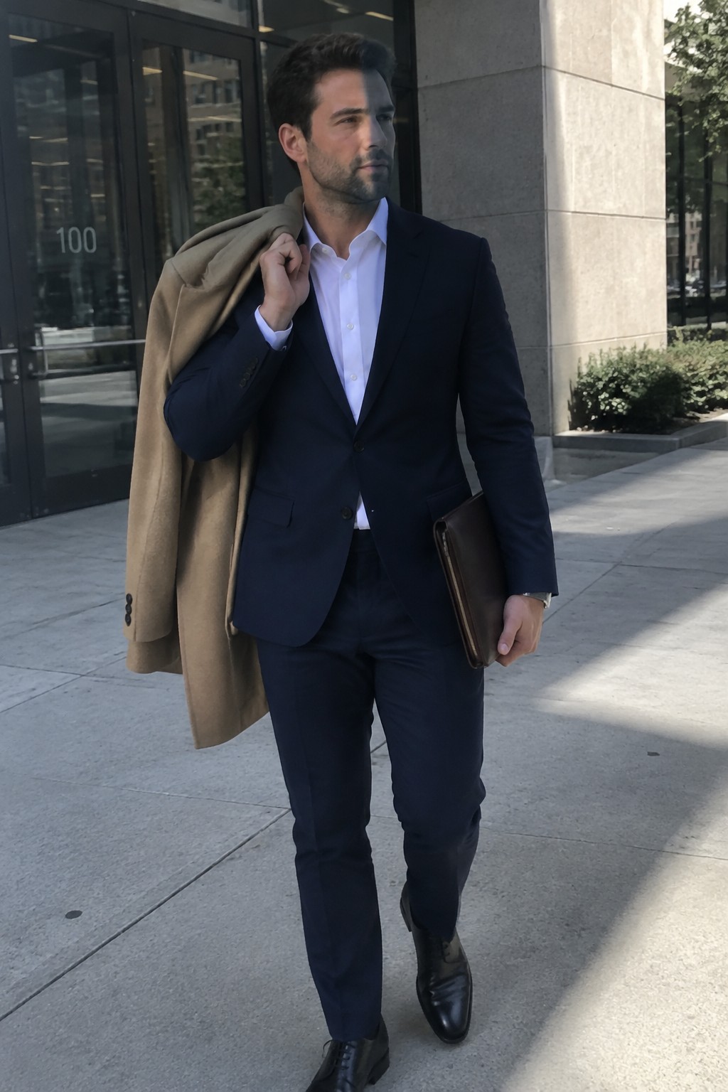 A man in a navy suit and open-collar white shirt carries a camel overcoat over one shoulder, with a brown leather folio and black lace-up shoes.