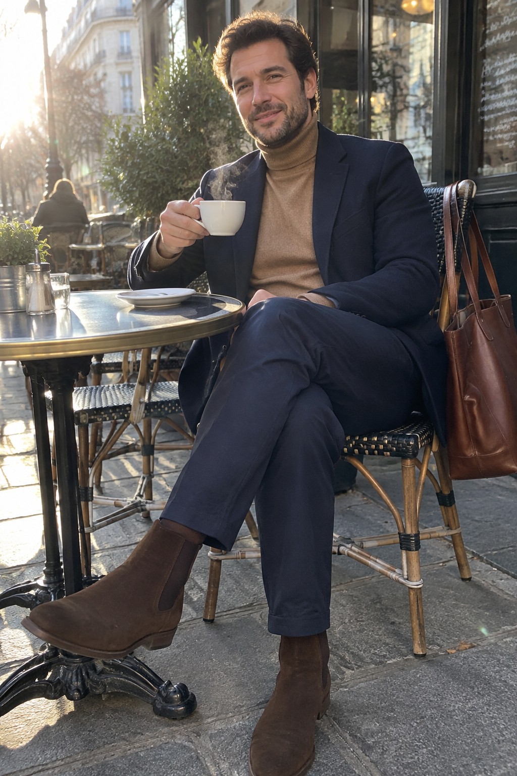Man wearing a navy suit, camel turtleneck, and brown suede Chelsea boots while seated at a café table with a brown leather bag.